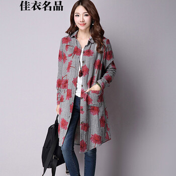 佳衣名品 2015年秋新款大码中长款印花亚麻衬衫 D6267 红花 L