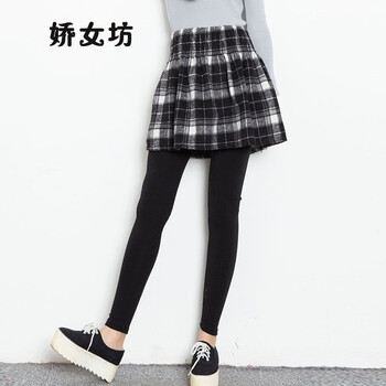 娇女坊  2015秋冬季新款假两件加绒加厚打底格子短裙修身紧身长裤裙裤女 红色 均码
