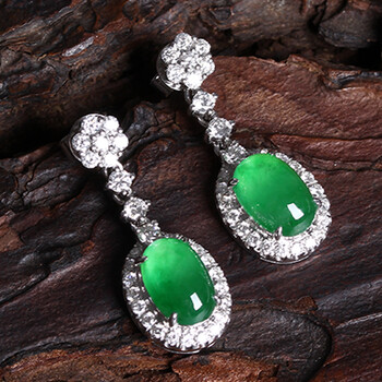 珠宝玉石耳饰冰种满绿翡翠裸石镶嵌耳坠18k金a货女首饰礼物带证书