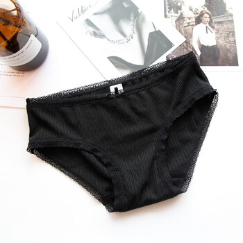 简约甜美条纹棉内裤少女舒适透气镂空棉可爱蕾丝中腰 黑色 m