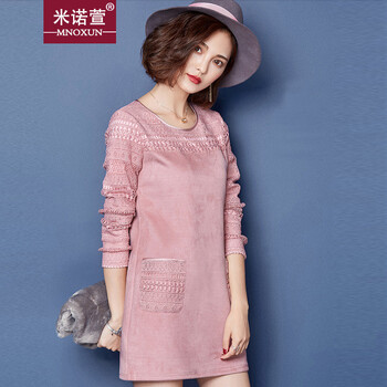 米诺萱-秋冬新品鹿皮绒加绒加厚连衣裙 K672# 粉红色 M