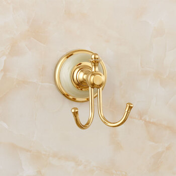 全铜玉石浴室挂钩美式五金挂件卫生间衣帽钩欧式金色仿古双钩 轻奢
