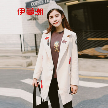 伊蔓潮2015中长款毛呢外套女秋冬学生帖花修身呢子大衣A8787 枣红 XL