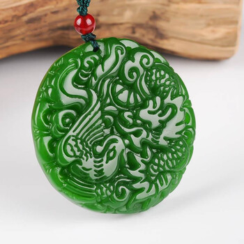 rosefree 新疆和田玉碧玉龙凤玉牌吊坠菠菜绿男女款龙凤呈祥挂件龙凤