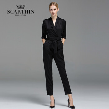 Scarthin2015秋装新款女长裤OL气质中袖西装连体裤休闲裤连衣裤 黑色 M