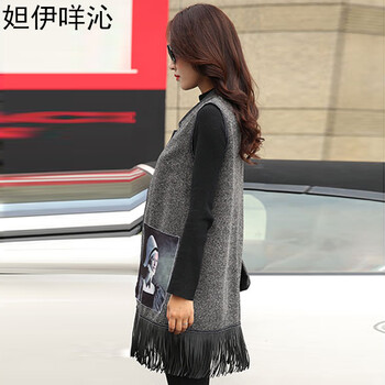 妲伊咩沁2015秋装新款印花时尚百搭英伦风中长款直筒流苏马甲外套 001 图片色 L