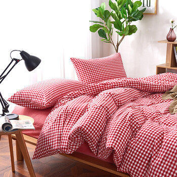 水洗棉四件套全棉色北欧天竺棉简约床笠床单棉被套被单 紫红小格 1.