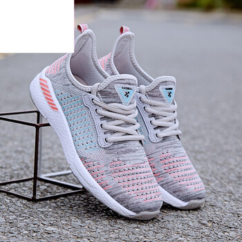 夏季飞线运动鞋男小码情侣跑步鞋夏天透气百搭潮鞋大码男鞋45 46 灰粉