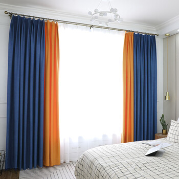 纯色棉麻拼接窗帘风北欧窗帘成品简约现代卧室客厅大气 蓝 橙 宽2米x