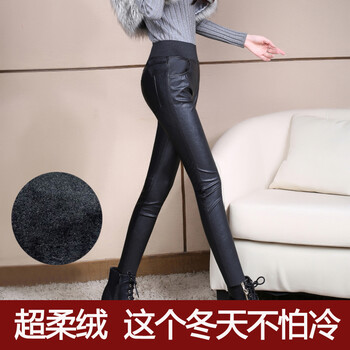 丑夫人 2015秋冬新款松紧高腰皮裤弹力紧身小脚铅笔裤 女裤加绒保暖长裤外穿打底裤韩潮 黑色厚绒 M (26-27码)