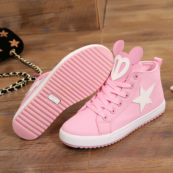春秋季牛仔帆布鞋可爱初中学生高帮板鞋少女系带平底跑步休闲鞋 粉色