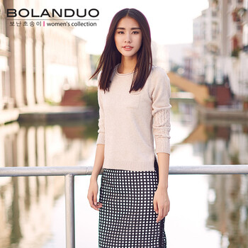 博兰朵2015秋冬新款女装圆领宽松套头针织衫女长袖上衣 灰色 XL