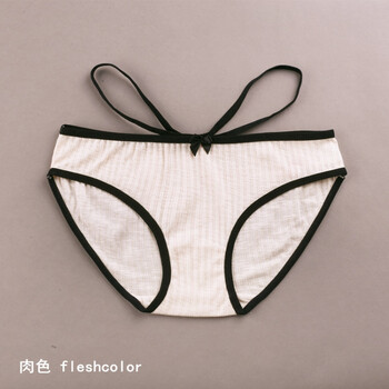 螺纹纯棉女士低腰吊带女士内裤纯色蝴蝶结贴身弹力女棉内裤 肉色 l