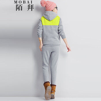 陌拜 2016春季新款韩版加厚加绒卫衣三件套大码套装运动服 黑色 M