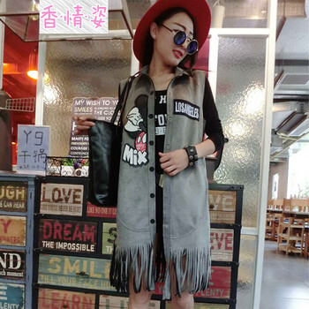 香情姿 2015秋冬装中长款卡通流苏时尚上衣外套显瘦马甲 灰色 M