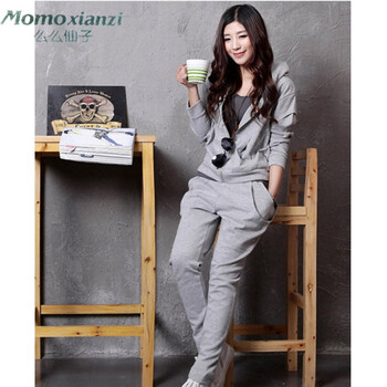 么么仙子2015秋季时尚修身显瘦运动服女款卫衣女士休闲学生少女运动套装女 浅灰色 L