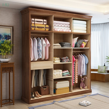 衣柜现代简约3456门橡木整体木质大衣柜衣橱衣帽间 海棠色(不带顶柜2