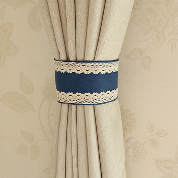 精品手工缝制蕾丝边绒布创意窗帘绑带扎带 魔术贴窗帘扣 田园风 宝蓝