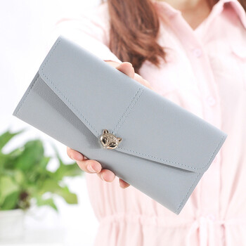 批发新款女士钱包小狐狸头韩版三折双色料小清新皮夹时尚搭扣卡包 浅