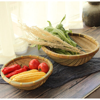 家用竹编果蔬收纳筐手工编织竹篮圆形田园风大容量厨房装菜篮子 米罗