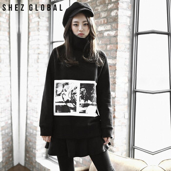 shezglobal韩国SZ秋冬新品中长款女装印花休闲复古高领上衣套头卫衣 黑色 均码