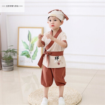 夏季宝宝拍照古装抖音小药童服装幼儿棉麻半袖汉服国学书童服 日常