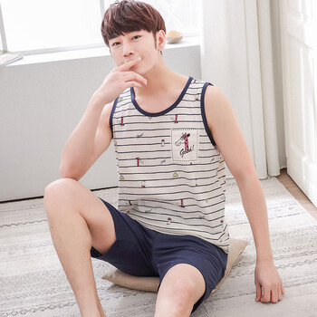 睡衣男夏季背心纯棉质裤衩青少年初中学生青年夏天男士薄款家居服 q