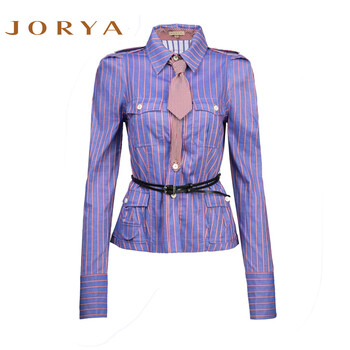 JORYA欣贺卓雅英伦气质简约OL通勤修身条纹长袖衬衣上衣女11JY401 灰色 无腰带 6