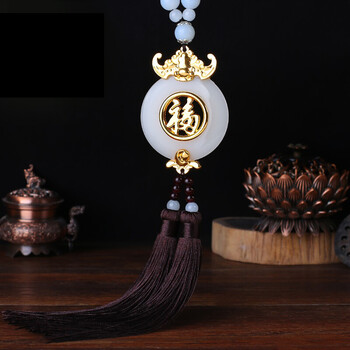 吊坠平安符车载挂饰 七夕情人节送老公男朋友礼物 牛角福字咖色流苏