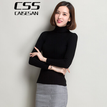 彩色伞春秋韩版针织衫女薄款高领套头小毛衣修身 黑色 M