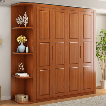 实木衣柜简约现代大容量组装收纳橱3门4四门5门6门大衣橱 海棠色 边柜