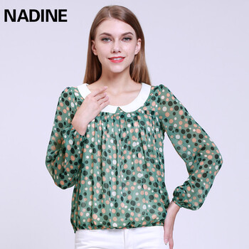 Nadine秋装韩版印花雪纺衫女长袖小清新娃娃领女装雪纺打底衫上衣 多彩圆点 S