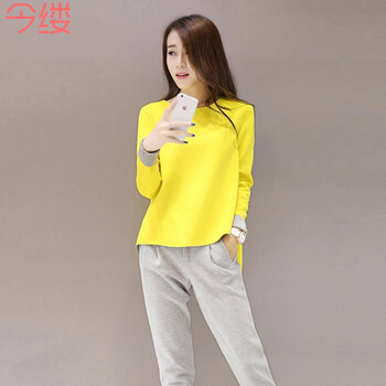 今缕2015秋装女新款时尚气质撞色两件套休闲运动套装8610 柠檬黄 S