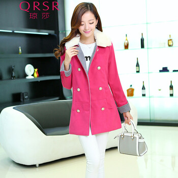 QRSR/琼莎2015冬季新款OL中长款风衣女妮子大衣大码显瘦加厚毛呢外套QS-TS308 玫红色 XXL