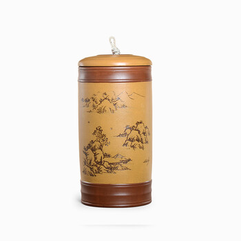
                                        晨茗 宜兴紫砂茶叶罐大号普洱茶饼罐七子饼密封醒茶罐 直筒山水罐16饼装                