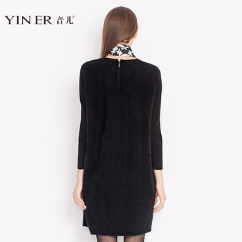 YINER音儿2016秋冬新款 熟女毛绒中长款兔毛针织衫84506840 黑色 155/38/M