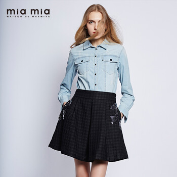 miamia2015秋季新品欧美风纯棉方领水洗牛仔女式长袖宽松休闲衬衫842537 蓝色 M/38