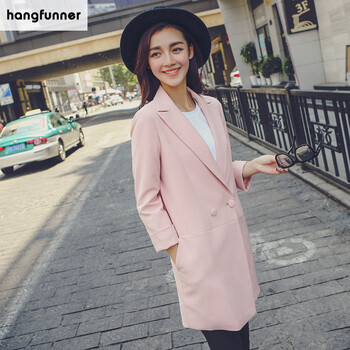 hangfunner 2015冬装新款小西装女中长款外套韩版修身外套休闲百搭糖果色小西服 深蓝色 S