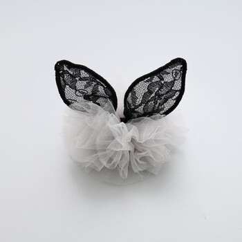 立体兔耳朵宝宝发夹手工全包布儿童发夹女孩 发夹蕾丝兔耳朵灰纱黑色
