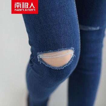 南极人2015秋装新款牛仔裤女 膝盖破洞九分小脚裤 紧身9分铅笔裤韩版 牛仔蓝 27码
