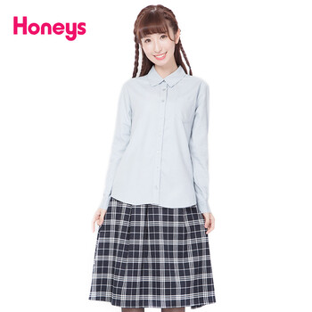 Honeys2015秋季新款休闲简约纯色长袖衬衫632-61-7762 天蓝7 S