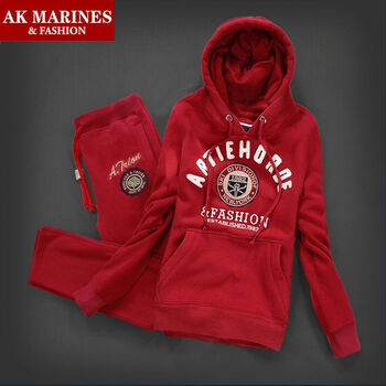 AK MARINES秋冬女卫衣运动套装外套帽衫 显瘦带帽连帽加绒加厚学生套头卫衣女AF AF613-201酒红色 S