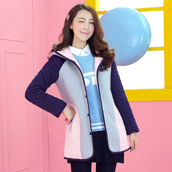 朴素2015冬装新款韩版休闲少女初高中学生卫衣可爱加厚棉衣中长少女外套 粉红 XL