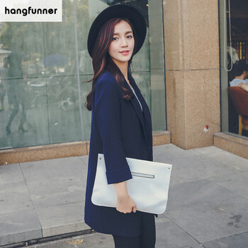 hangfunner 2015冬装新款小西装女中长款外套韩版修身外套休闲百搭糖果色小西服 深蓝色 S