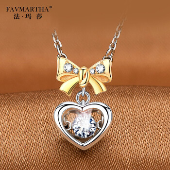 法玛莎项链女银镀铂金跳动的心锁骨链心形灵动吊坠同心结礼物送女友