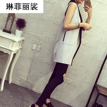 琳菲丽裟2015秋冬季女装新款拼接色翻领中长款显瘦无袖小西装马夹女薄款外套马甲B668 灰色 均码