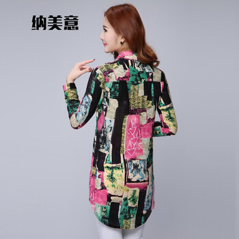 纳美意 2015秋新款衬衣韩版时尚印花中长款大码衬衫 女 1003 图片色 XL