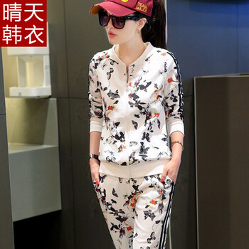 2015秋装休闲时尚圆领蝴蝶印花卫衣两件套 黑色 XXL