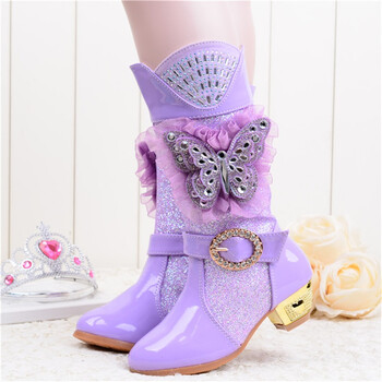 高跟靴子2018秋冬季韩版公主水钻棉靴儿童高筒靴小女孩加绒皮靴 紫色