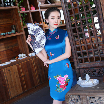 旗袍礼服婚宴2018新款夏女重磅真丝绣花刺绣短款修身改良时尚 青蓝色